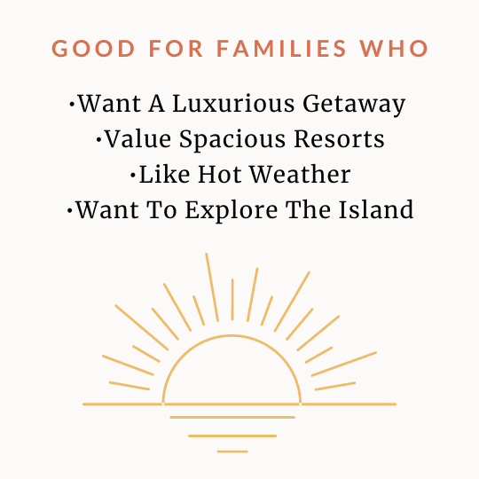 Graphic with a sun that reads "Good for families who: Want a luxurious getaway, value spacious resorts, like hot weather, want to explore the island."