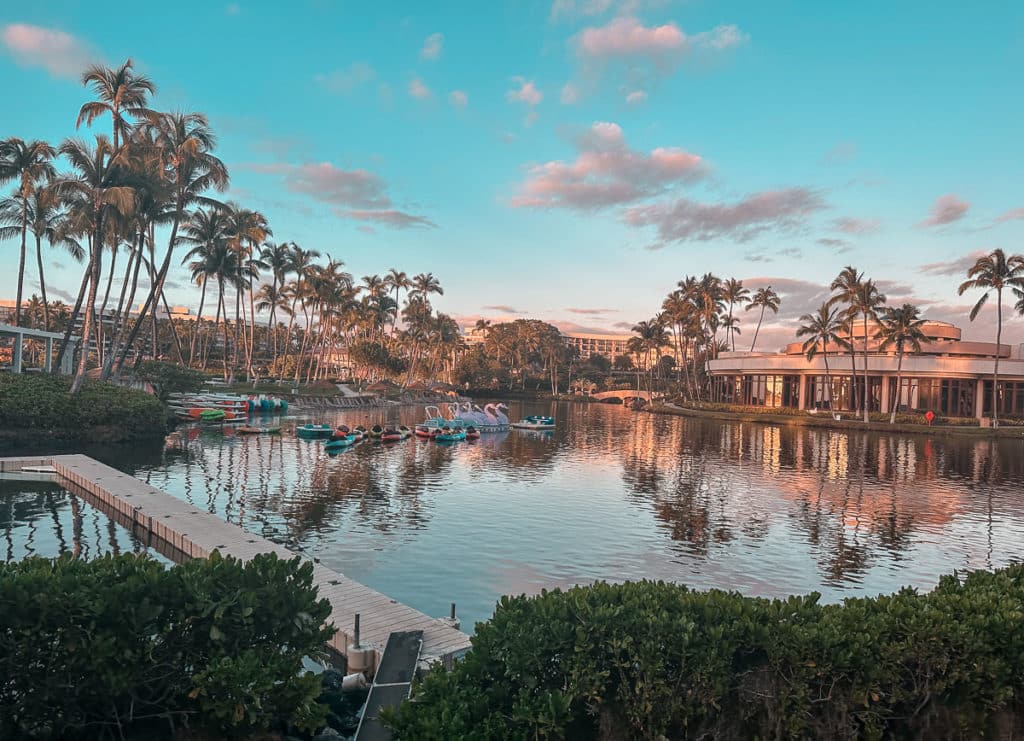 A lagoon duirng sunset at Hilton Waikoloa Village on the Big Island of Hawaii 