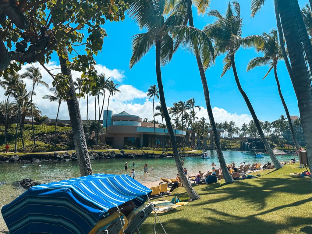 View of the Lagoon during the day at Hilton Waikoloa Village on the Big Island of Hawaii 