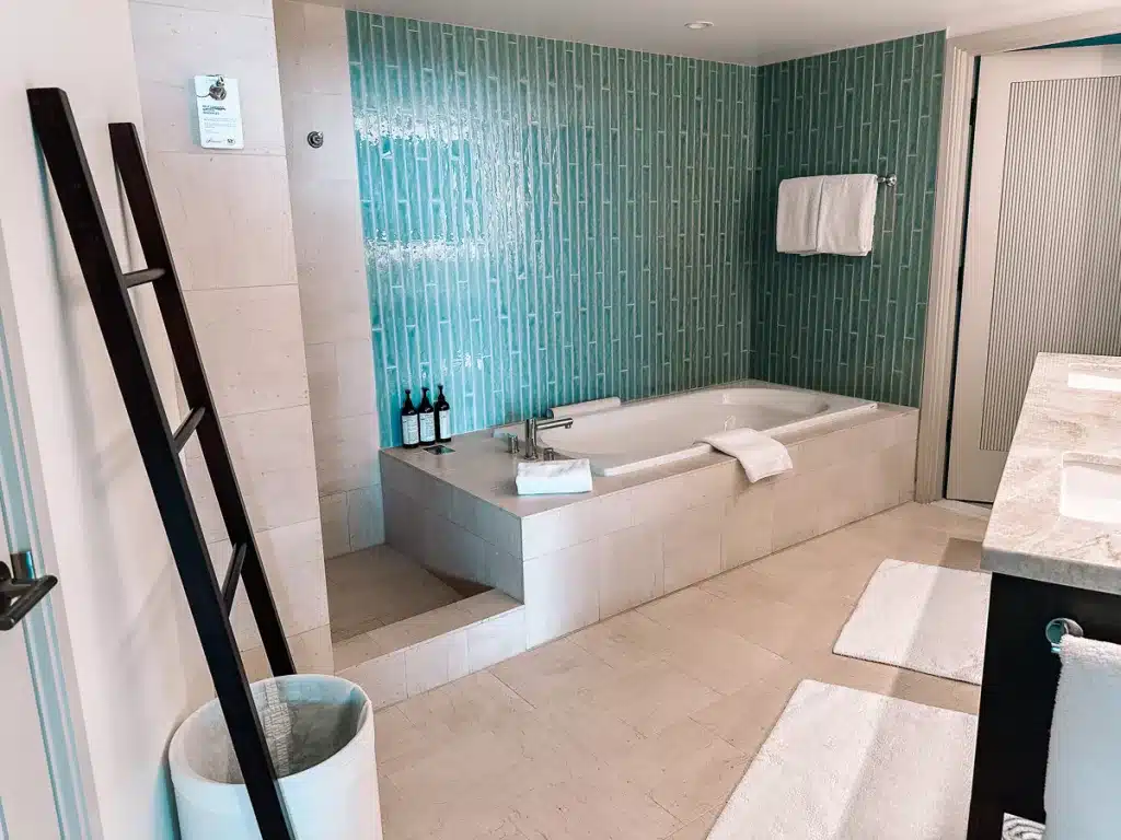 A spacious bathroom with a large soaking tub at Fairmont Kea Lani in Maui, Hawaii. 