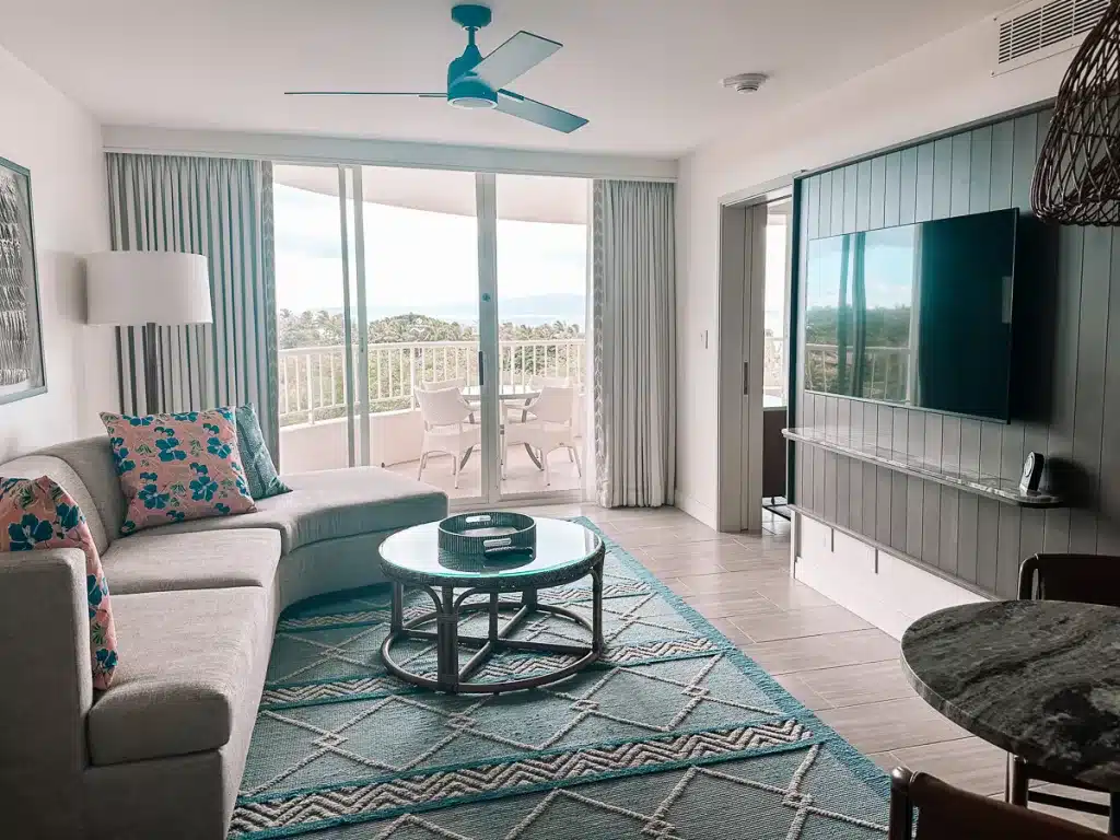 A beautiful, spacious living room in one of the suites at Fairmont Kea Lani in Maui, Hawaii. 