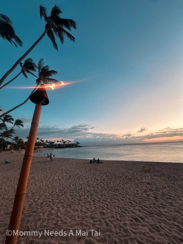 A creamy sunset at Napili Bay on Maui with palm trees and a torch lit near the camera. 