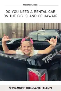 A young boy sitting in the back of truck with a graphic that reads "Do you need a rental car on the Big Island of Hawaii?"