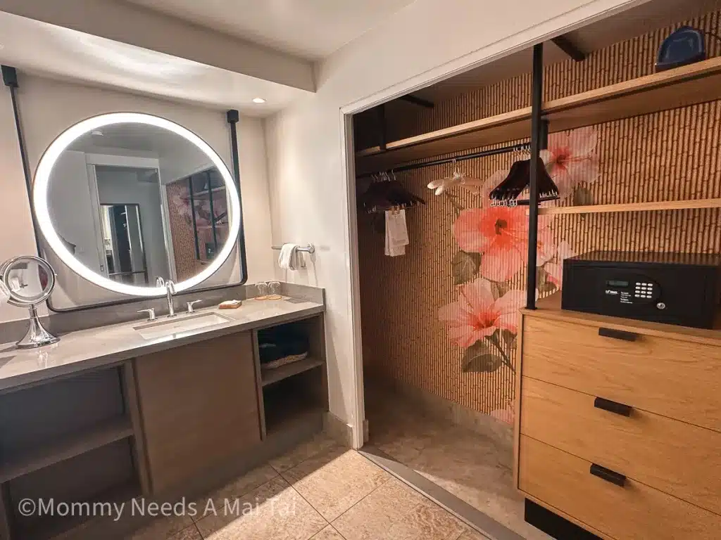 A wide view of a bathroom vanity and closet at Turtle Bay Resort, Oahu.