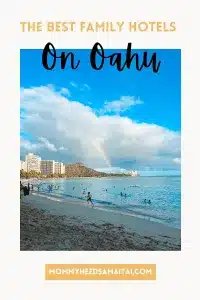 A graphic of Waikiki with hotels, Diamond Head, and a rainbow in the background. Text that reads "The Best Family Hotels on Oahu."