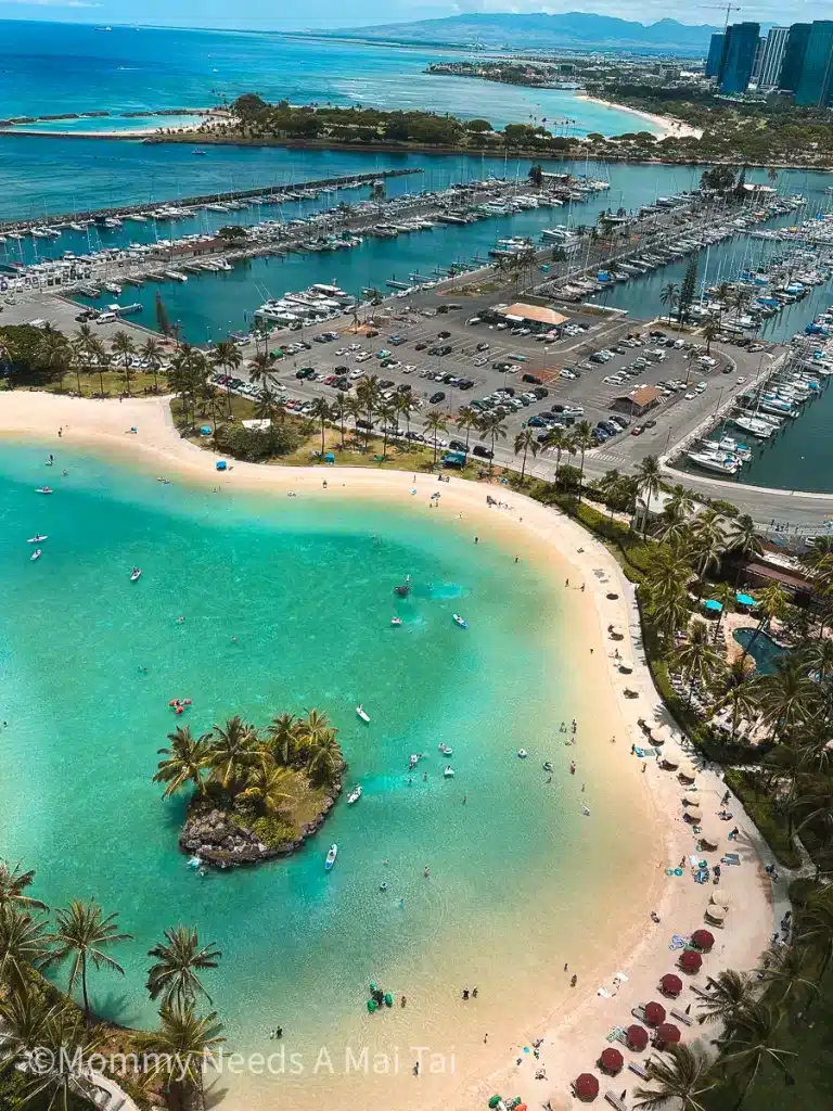 An arial view of the lagoon at Hilton Hawaiian Village in Waikiki, Oahu. 