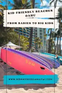 A graphic of a young, toddler-aged kid standing next to a lineup of colorful surfboards on Waikiki Beach, Oahu, Hawaii. 