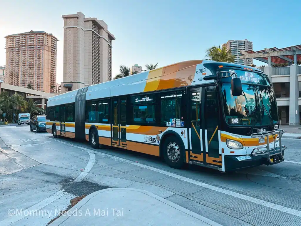 TheBus, Oahu's public transit system, with a sign that reads "Waikiki Beach and Hotels." 