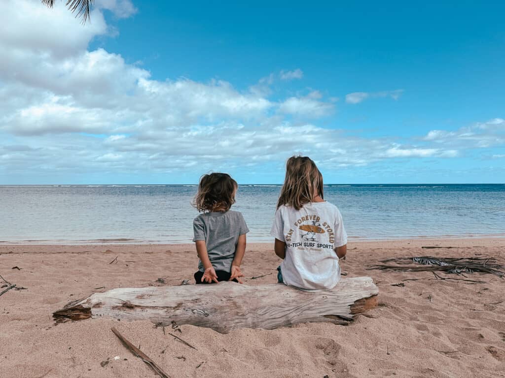 Two kids facing away from the camera, sitting on a log and staring out into the ocean.