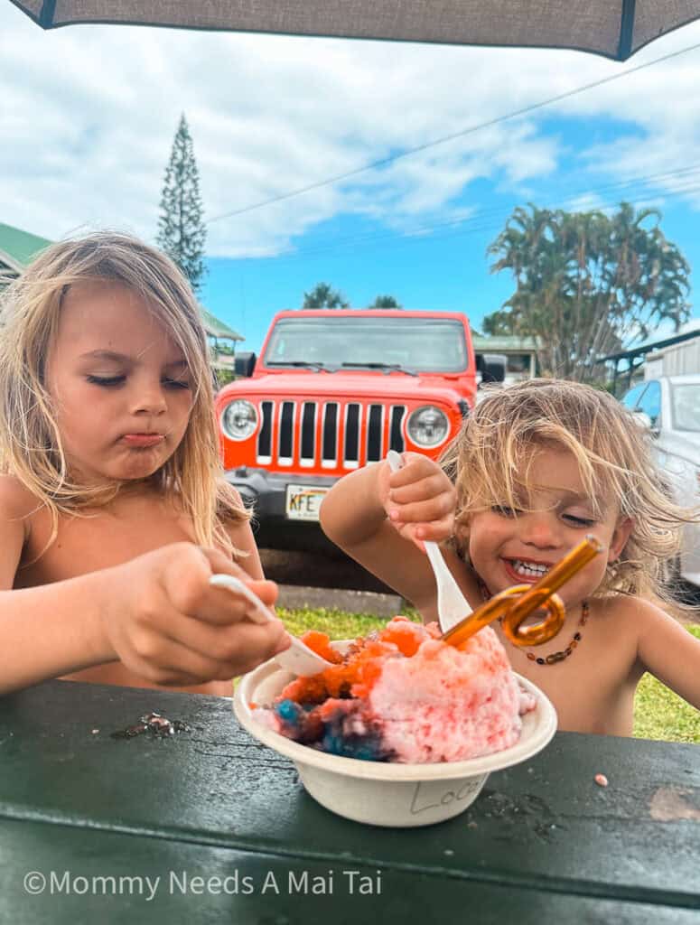 Two young boys smiling and digging into a pile of Wishing Well Shave Ice on Kauai. 