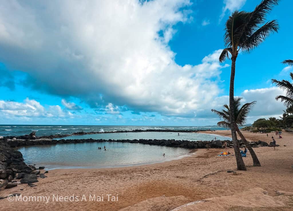 Lydgate Beach Park on Kauai on a partly cloudy day with palm trees swaying.