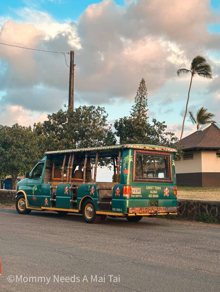 A green shuttle painted with flowers and palm trees, driving down the road in Kauai, Hawaii. 